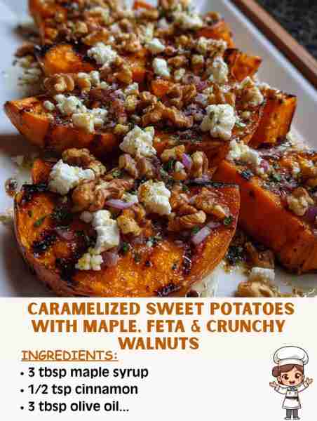 🍠🍯🥗 Caramelized Sweet Potatoes with Maple, Feta & Crunchy Walnuts Ingredients: 3 large sweet pota...