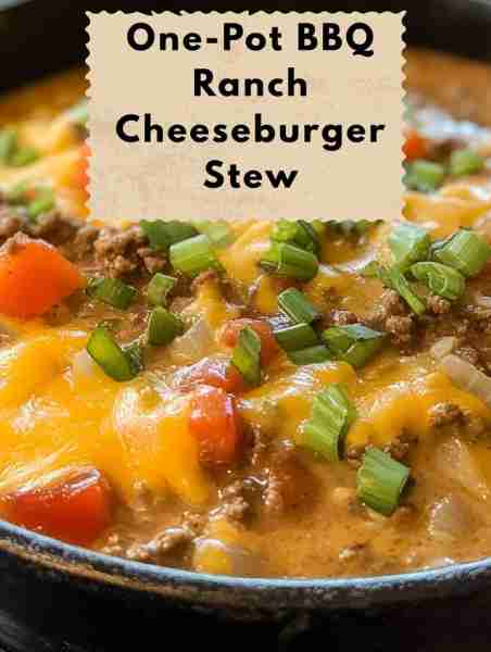 One-Pot BBQ Ranch Cheeseburger Stew Ingredients: - 1 lb ground beef - 1 onion, diced - 1 red bell pe...