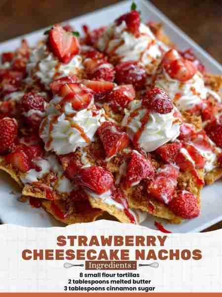 Strawberry Cheesecake Nachos Ingredients: 8 small flour tortillas 2 tablespoons melted butter 3 tabl...