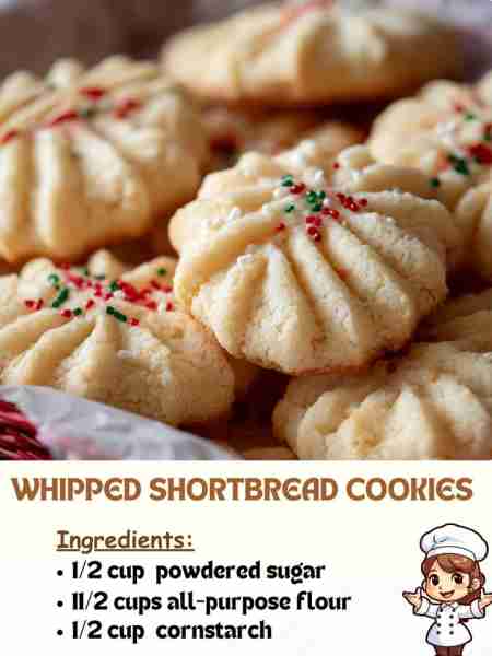 Whipped Shortbread Cookies Ingredients ½ cup (65 g) powdered sugar 1½ cups (190 g) all-purpose flour...