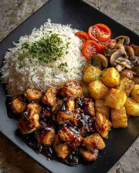 🍗 Glazed Chicken Bites with Herb Rice, Crispy Potatoes & Sautéed Veggies 🌿🍄 Prep Time: 20 minutes...
