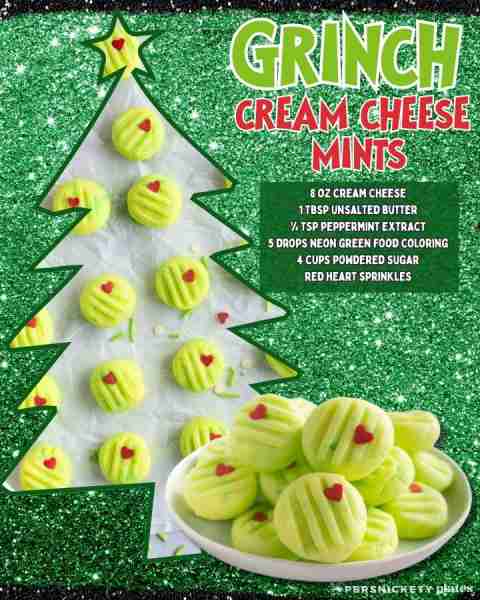 Easy, Grinchy, Cream Cheese Mints ♥️💚 ♥️ 8 oz cream cheese ♥️ 1 Tbsp unsalted butter ♥️ 1/4 tsp pep...