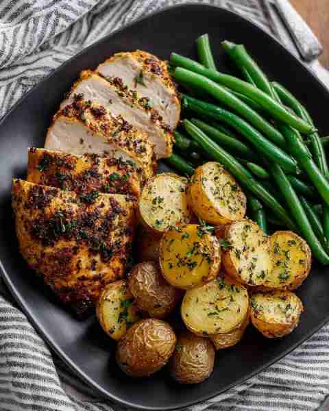 Herb-Crusted Chicken with Roasted Baby Potatoes & Green Beans 🥔🌿 Prep Time: 15 minutes Cook Time:...