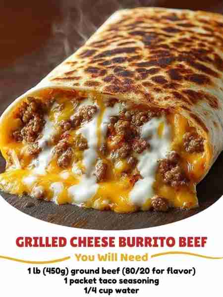 Grilled Cheese Burrito Beef 🧑‍🍳 Recipe: Ingredients: 1 lb (450g) ground beef (80/20 for flavor) 1...