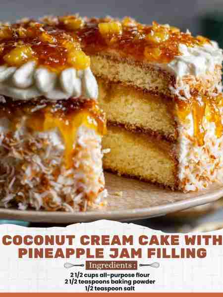 Coconut Cream Cake with Pineapple Jam Filling Ingredients: 2 1/2 cups all-purpose flour 2 1/2 teaspo...
