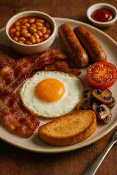 breakfast with crispy bacon, sunny-side-up egg, sausages, baked beans, grilled tomato, mushrooms, an...