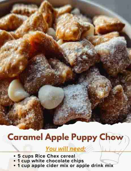 Caramel Apple Puppy Chow Ingredients: - 5 cups Rice Chex cereal - 1 cup white chocolate chips - 1 cu...