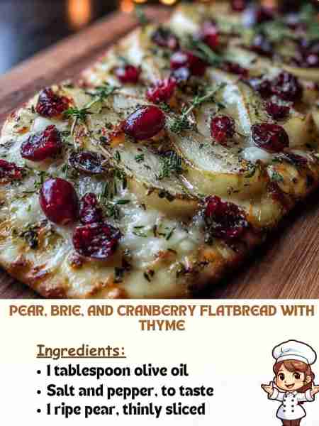Pear, Brie, and Cranberry Flatbread with Thyme Ingredients 1 tablespoon olive oil Salt and pepper, t...