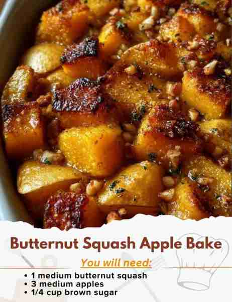 Butternut Squash Apple Bake Ingredients: - 1 medium butternut squash - 3 medium apples - 1/4 cup bro...