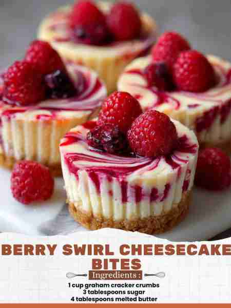 Berry Swirl Cheesecake Bites Ingredients: 1 cup graham cracker crumbs 3 tablespoons sugar 4 tablespo...