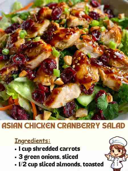 Asian Chicken Cranberry Salad Ingredients 1 cup shredded carrots 3 green onions, sliced ½ cup sliced...