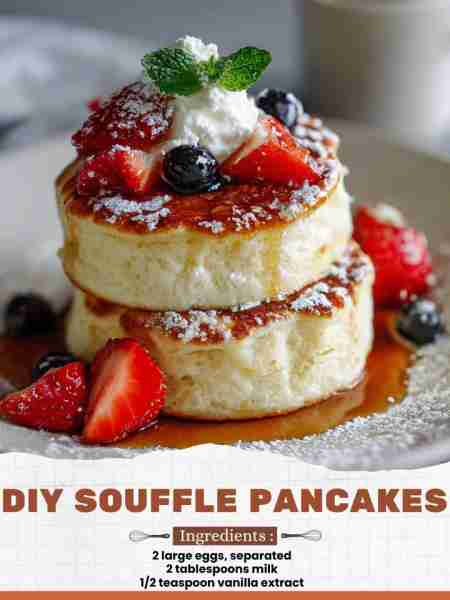 DIY Souffle Pancakes Ingredients: 2 large eggs, separated 2 tablespoons milk 1/2 teaspoon vanilla ex...