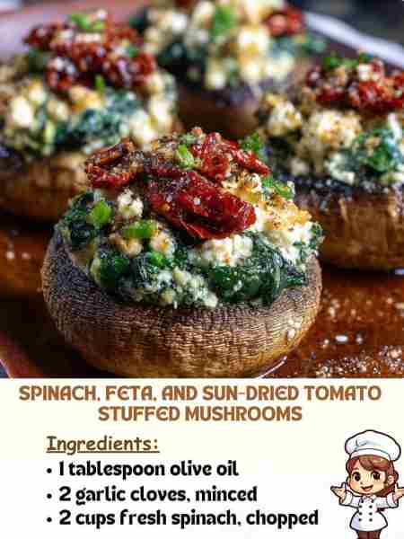 Spinach, Feta, and Sun-Dried Tomato Stuffed Mushrooms Ingredients 1 tablespoon olive oil 2 garlic cl...