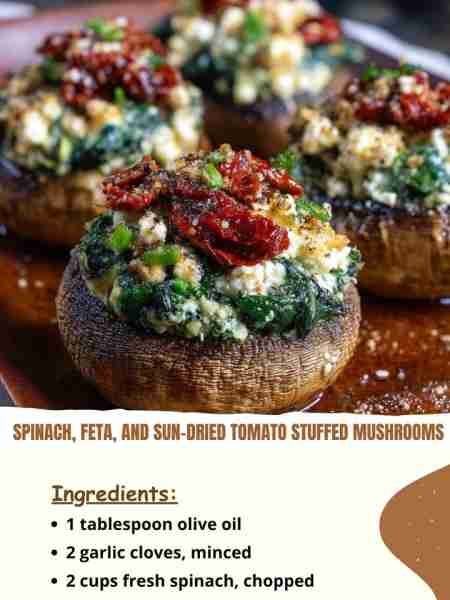 Spinach, Feta, and Sun-Dried Tomato Stuffed Mushrooms Ingredients 1 tablespoon olive oil 2 garlic cl...