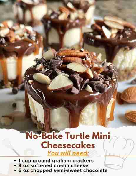 No-Bake Turtle Mini Cheesecakes Ingredients: For the Crust: - 1 cup ground graham crackers - 1 tbsp...
