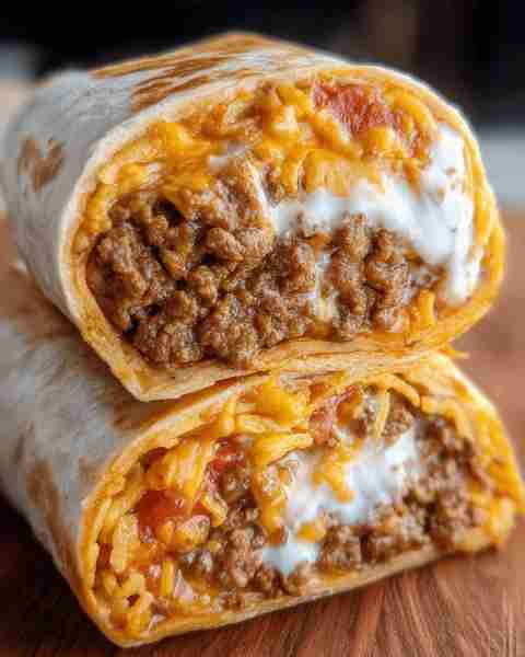 Cheesy Beef Burrito Recipe: Ingredients: 1 lb ground beef 1 packet taco seasoning 1 cup shredded che...
