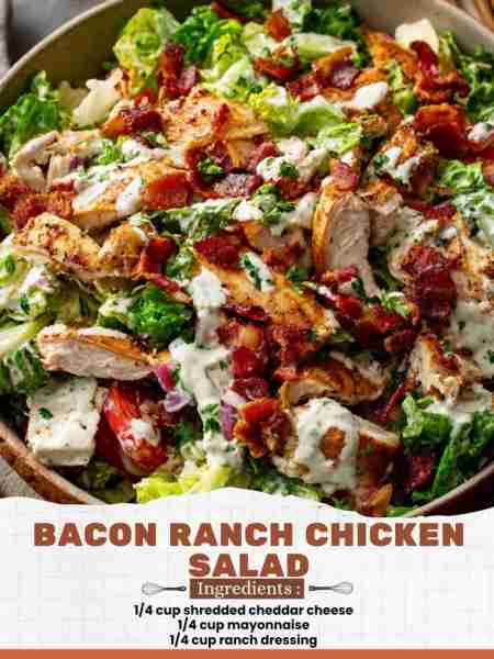 Bacon Ranch Chicken Salad Ingredients: 1/4 cup shredded cheddar cheese 1/4 cup mayonnaise 1/4 cup ra...