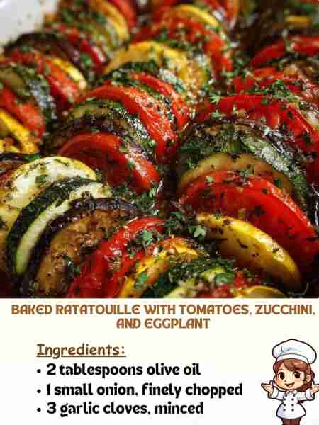Baked Ratatouille with Tomatoes, Zucchini, and Eggplant Ingredients 2 tablespoons olive oil 1 small...