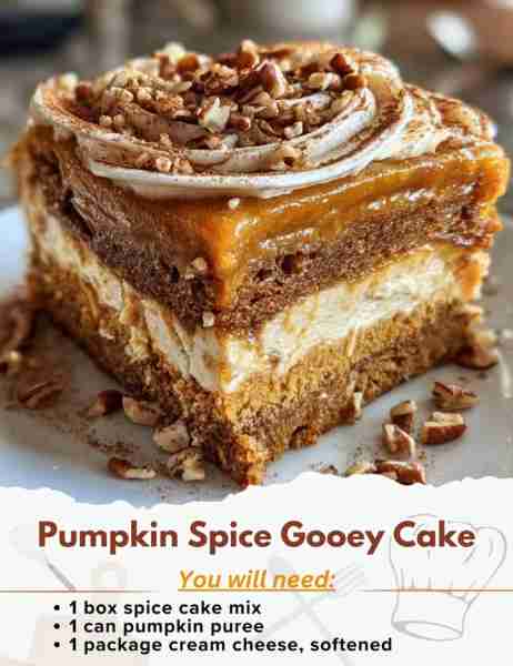 Pumpkin Spice Gooey Cake Ingredients: - 1 box spice cake mix - 1 can pumpkin puree - 1 teaspoon pump...