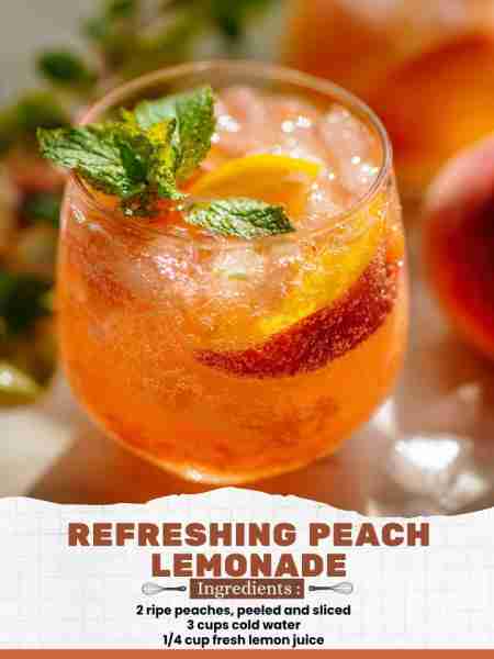 Refreshing Peach Lemonade Ingredients: 2 ripe peaches, peeled and sliced 3 cups cold water 1/4 cup f...