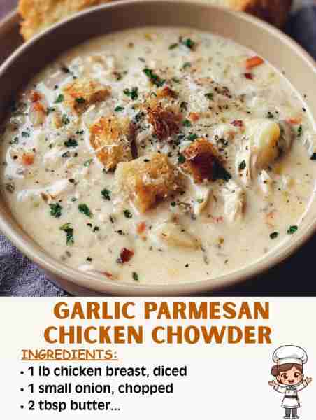 🧄🧀🥣 Garlic Parmesan Chicken Chowder – Creamy Comfort in a Bowl! Ingredients: 2 tbsp butter 1 lb c...