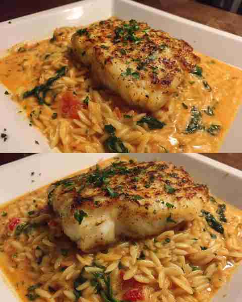 Creamy Tomato Cod with Spinach Orzo Pan-Seared Cod in Creamy Tomato Sauce with Spinach Orzo Elegance...