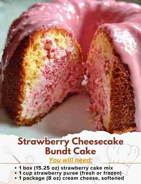 Strawberry Cheesecake Bundt Cake Ingredients: For the Cake: - 1 box (15.25 oz) strawberry cake mix -...