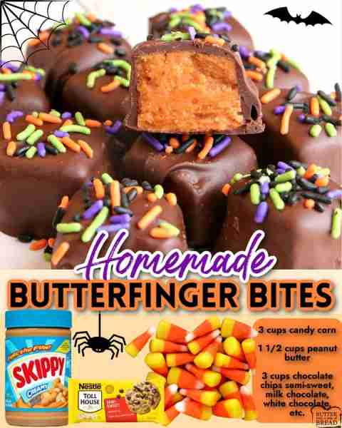 Homemade Butterfinger Bites! Ingredients: 3 cups candy corn 1 1/2 cups peanut butter 3 cups chocolat...