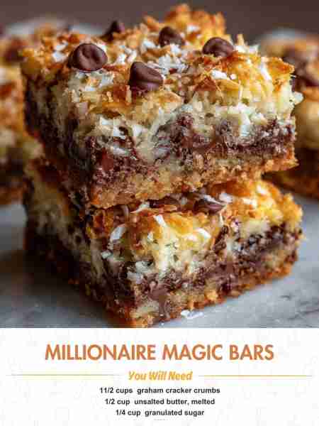 Millionaire Magic Bars Ingredients 1½ cups (150 g) graham cracker crumbs (about 10 sheets) ½ cup (11...