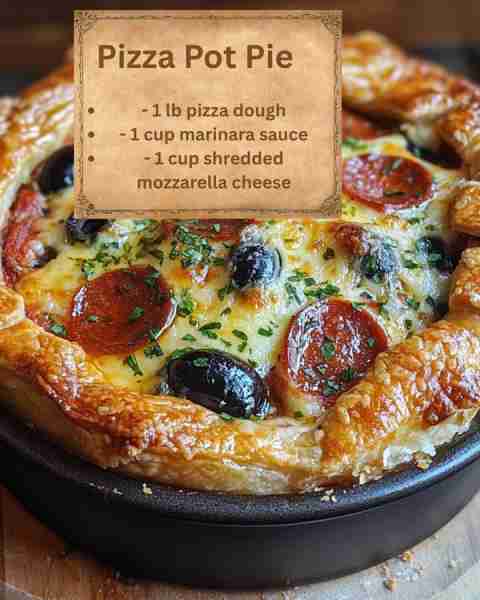 Pizza Pot Pie Ingredients: - 1 lb pizza dough - 1 cup marinara sauce - 1 cup shredded mozzarella che...