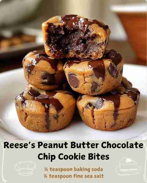 🍪 Reese’s Peanut Butter Chocolate Chip Cookie Bites 🥜 Ingredients ½ cup (115g) unsalted butter, so...