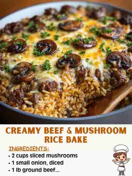 🍄🥩🍚 Creamy Beef & Mushroom Rice Bake – The Ultimate Comfort Dinner! Ingredients: 1 lb ground beef...