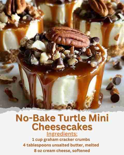 No-Bake Turtle Mini Cheesecakes Ingredients: - 1 cup graham cracker crumbs - 4 tablespoons unsalted...