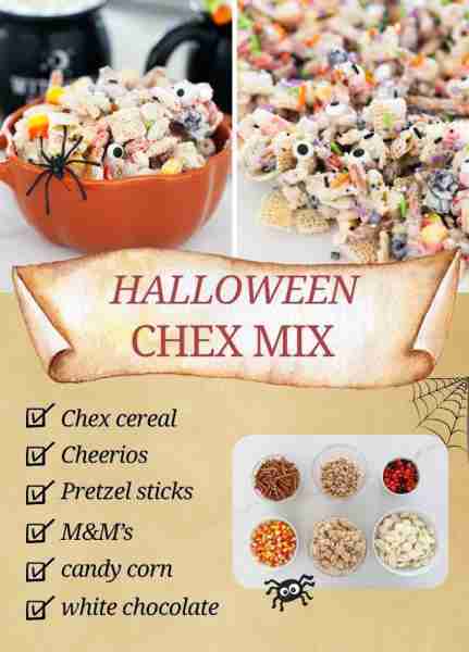 This Halloween Chex mix is an addicting white chocolate monster munch with cereal, pretzels, candy c...