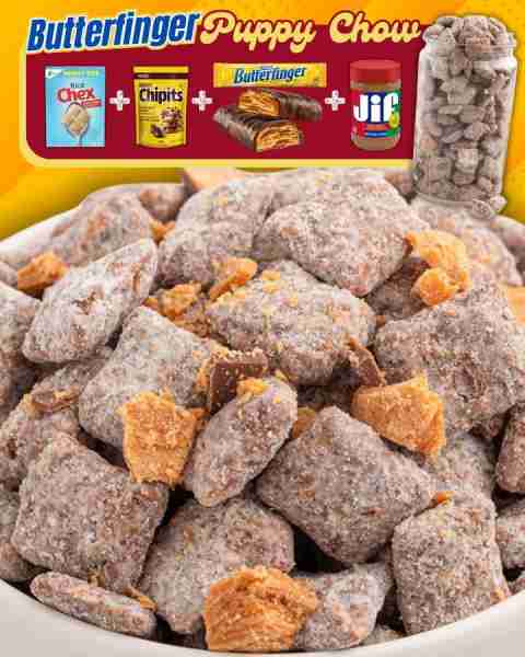 BUTTERFINGER PUPPY CHOW! 7 cups Rice Chex Cereal 1 cup semi sweet chocolate chips ½ cup creamy peanu...