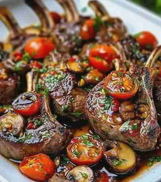 Marinated Greek Lamb Chops with Mushrooms and Tomatoes I need some peoples to say [yummy😋😋😋] ple...