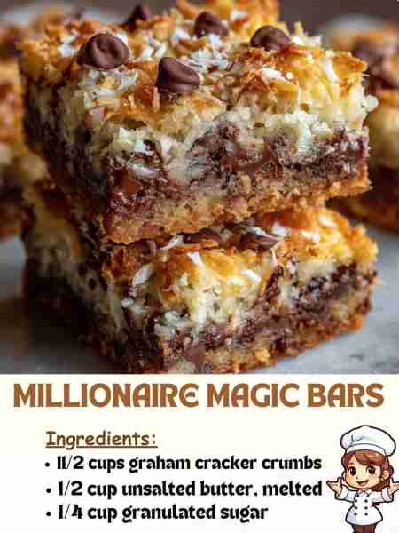 Millionaire Magic Bars Ingredients 1½ cups (150 g) graham cracker crumbs (about 10 sheets) ½ cup (11...