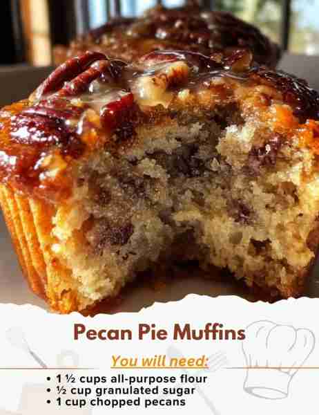 Pecan Pie Muffins Ingredients: - 1 ½ cups all-purpose flour - ½ cup granulated sugar - ¼ cup brown s...