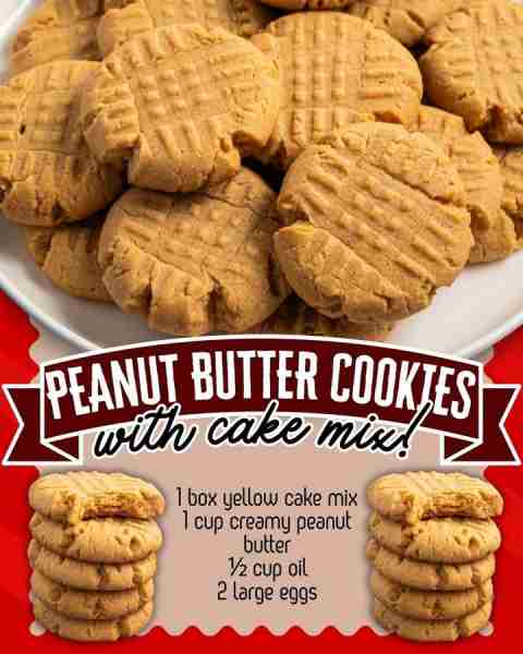 CAKE MIX PEANUT BUTTER COOKIES! 1 box yellow cake mix 1 cup creamy peanut butter ½ cup oil 2 large e...