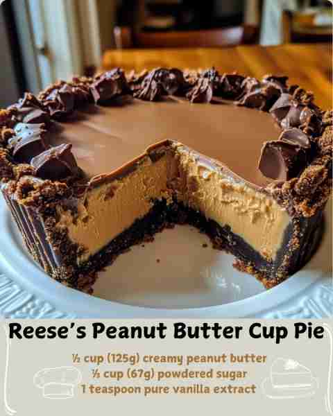 🍫 Reese’s Peanut Butter Cup Pie 🥜 Ingredients For the Crust: 1½ cups (150g) crushed chocolate cook...