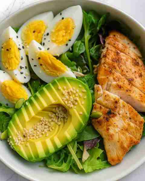 Ingredients 📝 Grilled chicken 🍗 Avocado 🥑 Ajonjoli 🌿 Boiled egg 🥚 Rucula 🥬 Beetroot 🌱