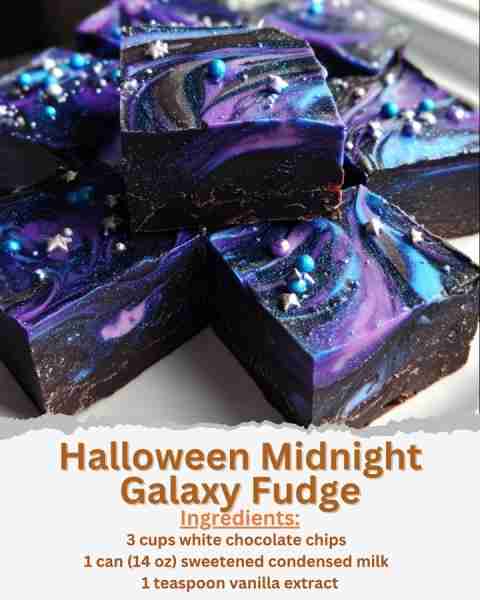 Halloween Midnight Galaxy Fudge Ingredients: - 3 cups white chocolate chips - 1 can (14 oz) sweetene...
