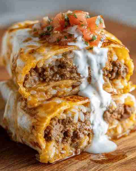 Cheesy Beef Burrito Recipe: Ingredients: 1 lb ground beef 1 cup cooked white rice 1 cup shredded che...