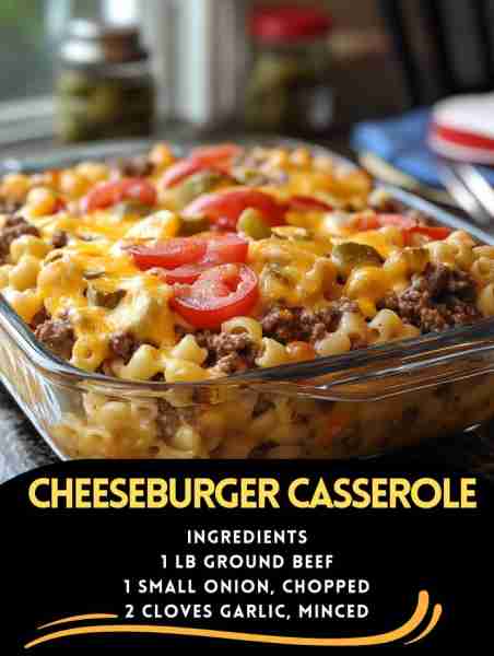 Cheeseburger Casserole Ingredients: 1 lb ground beef 1 small onion, chopped 2 cloves garlic, minced...