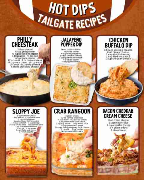 Tailgate MVP? These 6 hot dips—easy, crowd-pleasing, and downright addictive! ⭐ Ingredients 🟠 Phil...