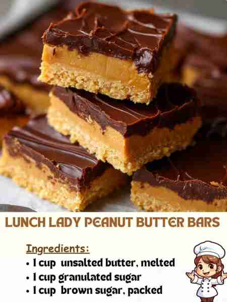 Lunch Lady Peanut Butter Bars Ingredients 1 cup (230 g) unsalted butter, melted 1 cup (200 g) granul...