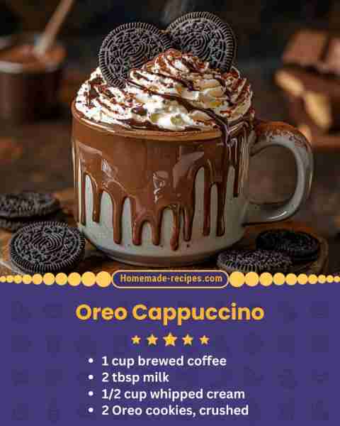 Oreo Cappuccino 📋 Ingredients • 1 cup brewed coffee • 2 tbsp milk • 1/2 cup whipped cream • 2 Oreo...