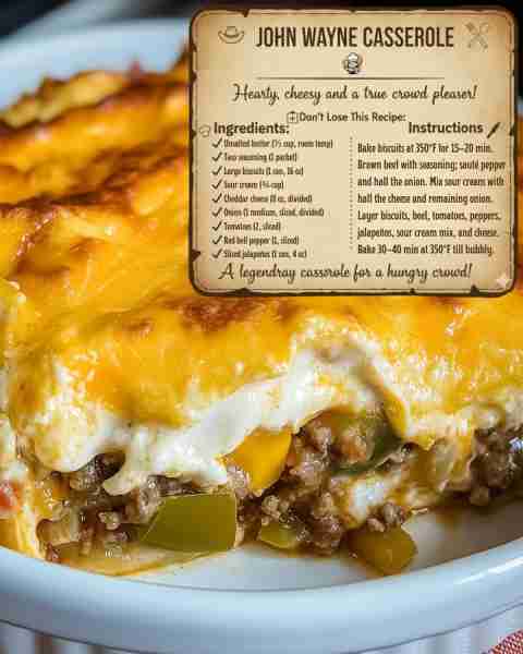 JOHN WAYNE CASSEROLE 🤠 2 lbs ground beef, 1 taco packet, 1 can biscuits, ¾ cup sour cream, 8 oz ch...