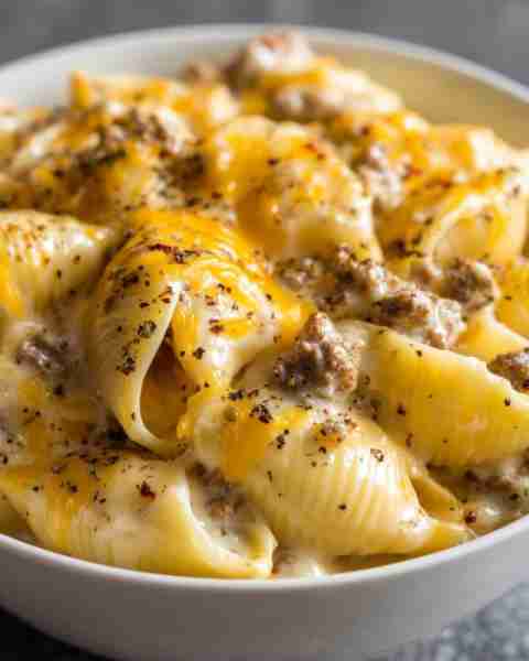 Cheesy Beef Stuffed Pasta Shells 🧀 Recipe: Ingredients: 12 oz jumbo pasta shells 1 lb ground beef 2...