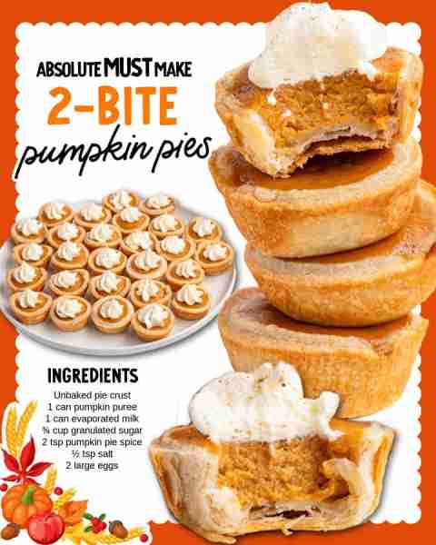 Bite-sized pumpkin pie = fall snacking perfection 🍂✨ Ingredients 🎃1½ unbaked pie crusts, room tem...